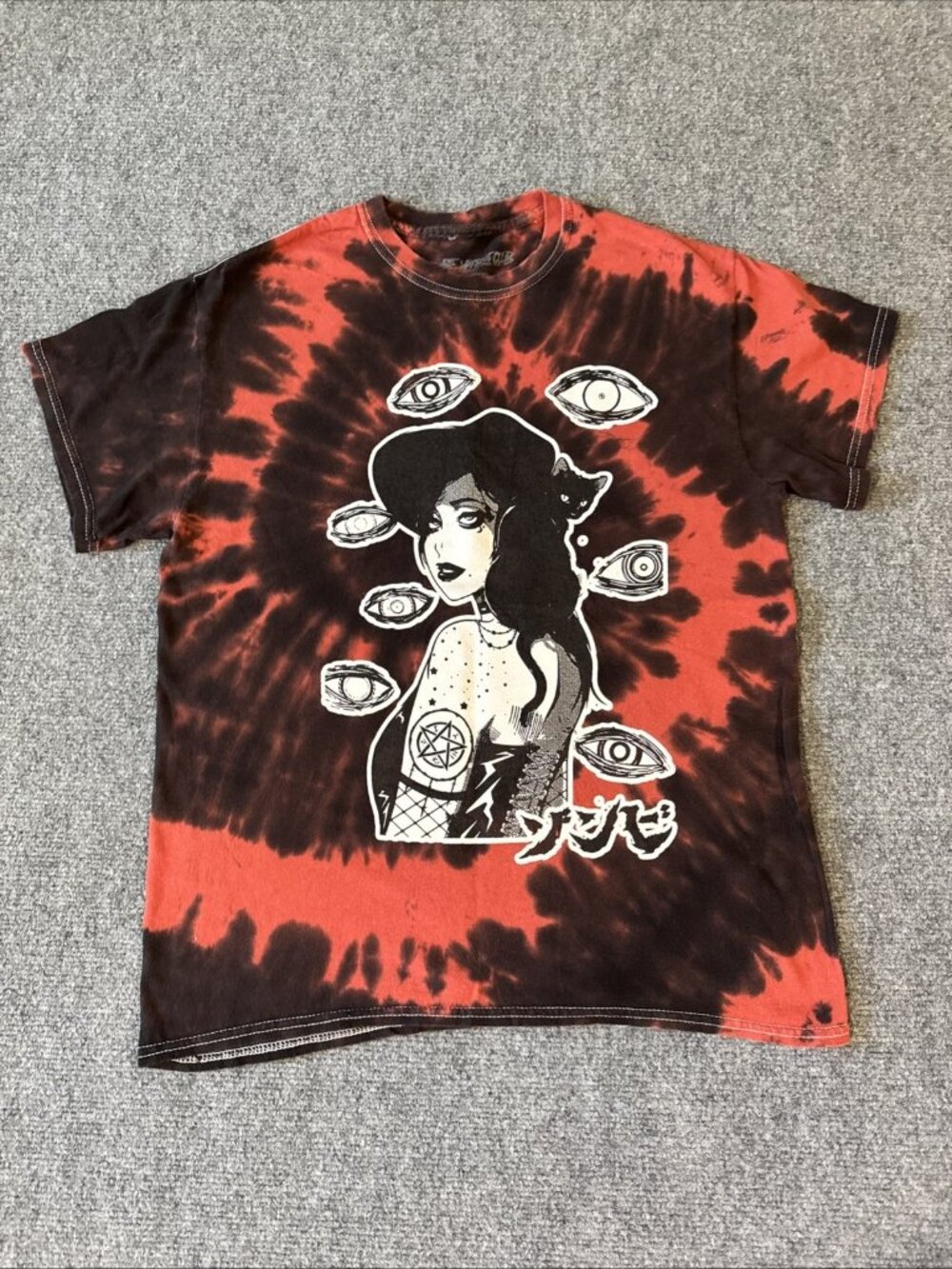 Zombie Makeout Club Tie-Dye Graphic Tee Witch & Cat Design Red/Black Medium